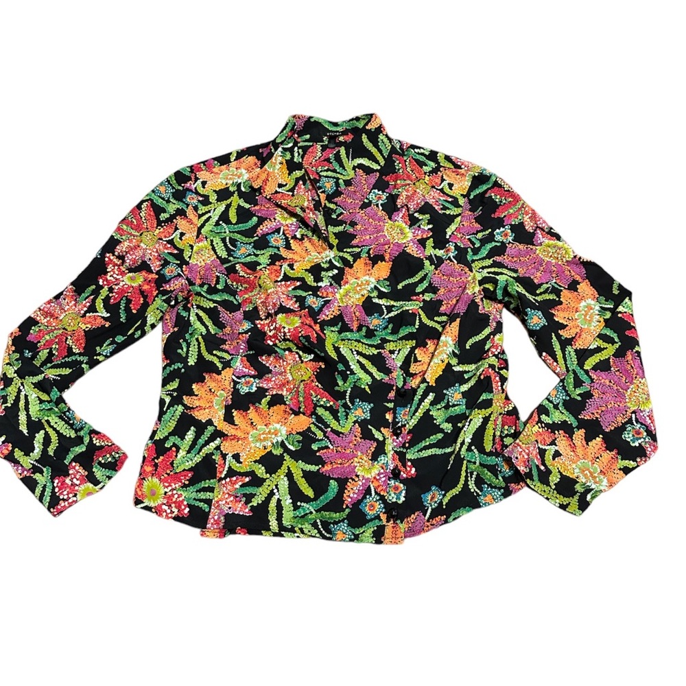 Escada Black and Pink Graphic Notched Collar Blouse